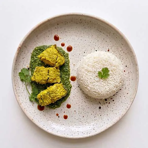 Oven baked Bengali Bhetki Macher Paturi with Rice